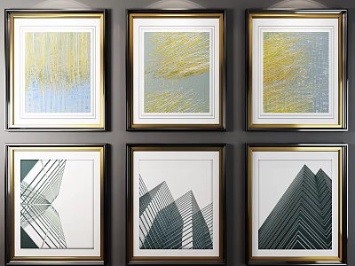 Six Framed Abstract Wall Art Pieces With Yellow Blue Lines And Black White Geometric Patterns 3d model