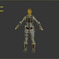 Futuristic Female Warrior Character in Armored Combat Suit Standing Against Gray Background