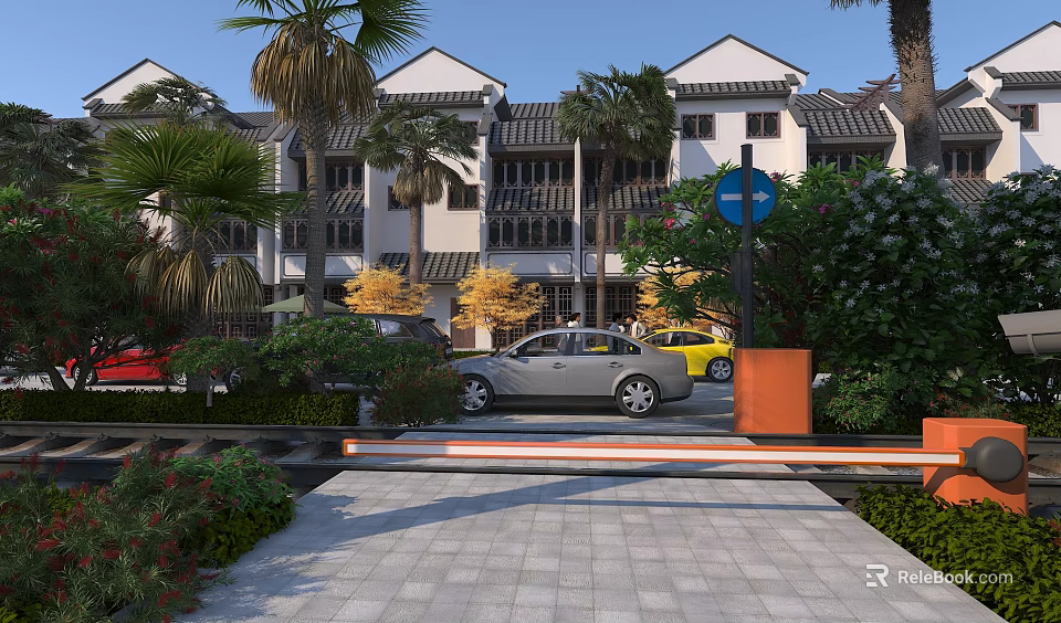 Practical Road Facilities Featuring Barrier Gate Signage Paved Path And Vehicles Near Buildings With Greenery 3d model 
