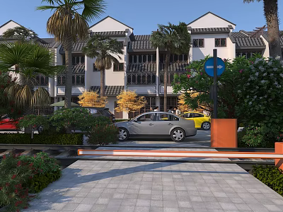 Practical Road Facilities Featuring Barrier Gate Signage Paved Path And Vehicles Near Buildings With Greenery 3d model