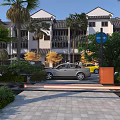 Practical Road Facilities Featuring Barrier Gate Signage Paved Path And Vehicles Near Buildings With Greenery