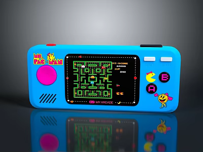 Blue Retro Handheld Game Console With Pac Man Game Screen And Classic Design 3d model