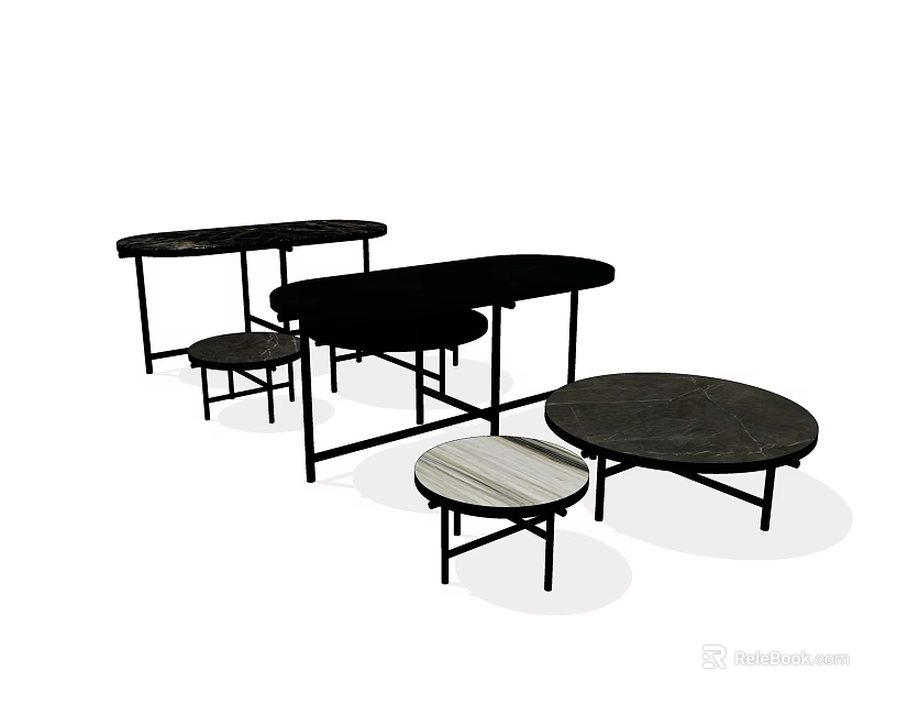 Modern Coffee Tables Featuring Marble Tops Black Metal Frames And Various Shapes 3d model