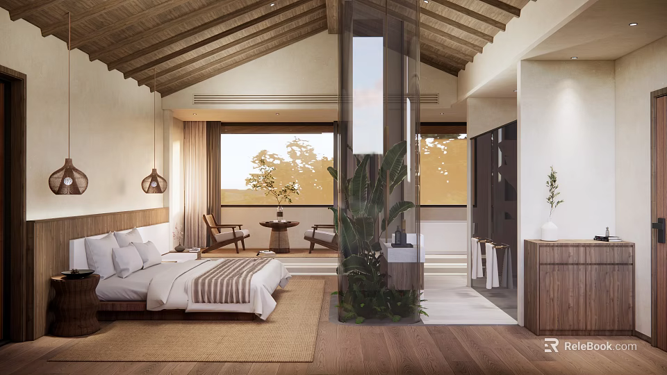 Elegant Hotel Room Featuring Wooden Ceiling Large Windows Green Plants Glass Partition And Wooden Flooring 3d model 