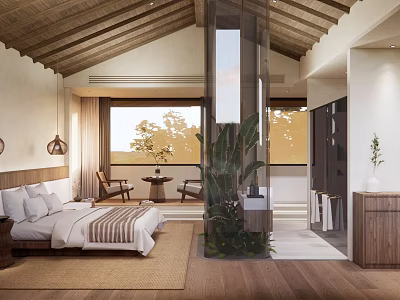 Elegant Hotel Room Featuring Wooden Ceiling Large Windows Green Plants Glass Partition And Wooden Flooring 3d model