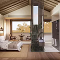 Elegant Hotel Room Featuring Wooden Ceiling Large Windows Green Plants Glass Partition And Wooden Flooring