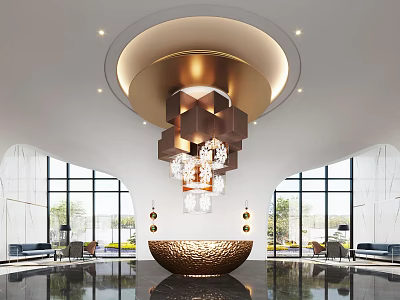 Hotel Lobby With Circular Ceiling Light Chandelier Large Metallic Bowl And Floor to Ceiling Windows 3d model