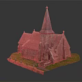 European Style Church with Stone Walls Tiled Roof Spire on Green Lawn with Stone Fence