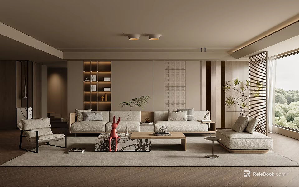 Modern Living Room Interior With Sofa Bookshelf And Decor 3d model