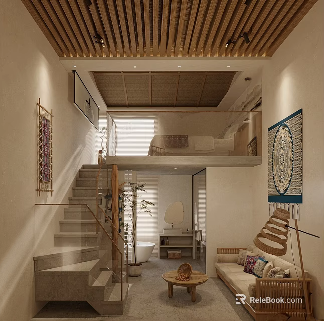 Hotel Guest Room With Wooden Ceiling Open Layout Staircase And Natural Light 3d model 