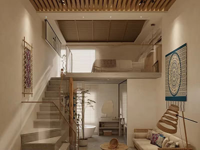 Hotel Guest Room With Wooden Ceiling Open Layout Staircase And Natural Light 3d model