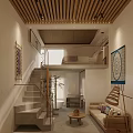 Hotel Guest Room With Wooden Ceiling Open Layout Staircase And Natural Light