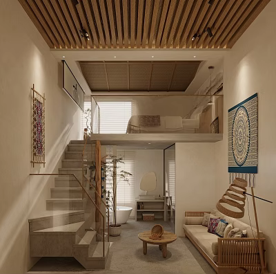 Hotel Guest Room With Wooden Ceiling Open Layout Staircase And Natural Light 3d model