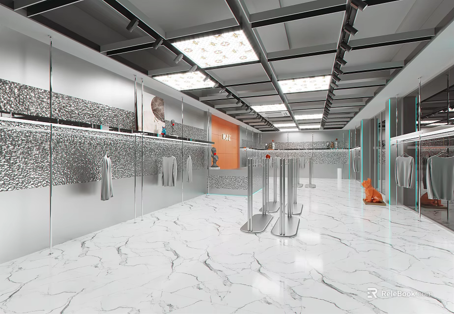 Modern Clothing Store Interior With Sparkling Wall Panels Hanging Clothes Silver Turnstiles And Marble Floor 3d model 