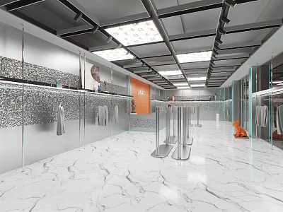 Modern Clothing Store Interior With Sparkling Wall Panels Hanging Clothes Silver Turnstiles And Marble Floor 3d model