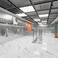 Modern Clothing Store Interior With Sparkling Wall Panels Hanging Clothes Silver Turnstiles And Marble Floor