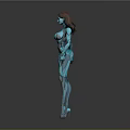 3D Female Character In Blue Bodysuit With Mechanical Lines Standing Pose And Long Hair