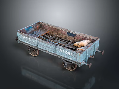 Old Blue Freight Wagon With WEST 22091 Markings And Rustic Wooden Planks Inside 3d model
