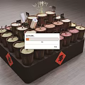 Display Shelf Featuring Wooden Buckets With Various Colored Contents Labels And Fu Decorations