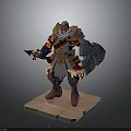 Armored Man in Ornate Armor Holding Weapon and Shield on Stone Platform