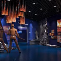 Historical Military Exhibition Hall With Soldiers Models Flame Decor And Blue Walls