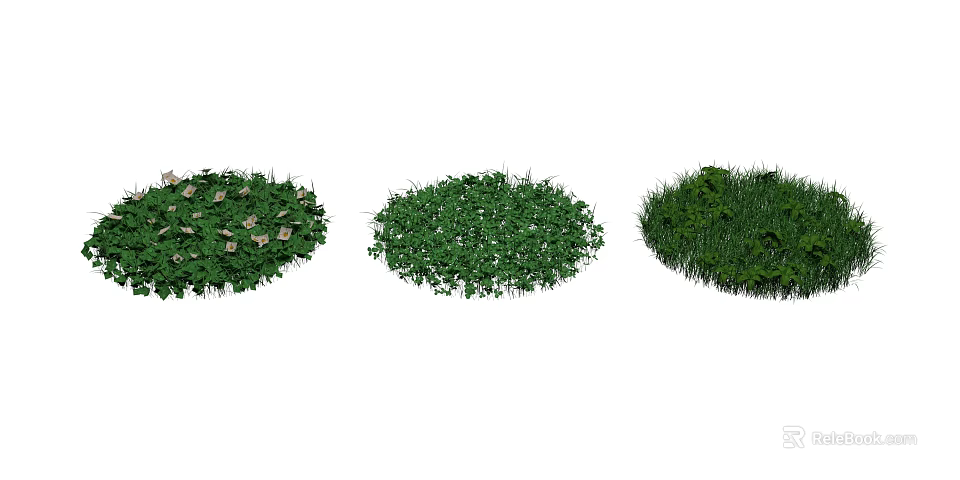 Different Types of Round Shaped Lush Green Grass and Plant Clumps in Garden 3d model 