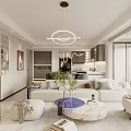 Modern Living Dining Room With White Sofa Round Coffee Table Pendant Lights And Area Rug
