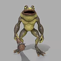 Funny Anthropomorphic Cartoon Frog Holding Wooden Hammer in Standing 3D Render