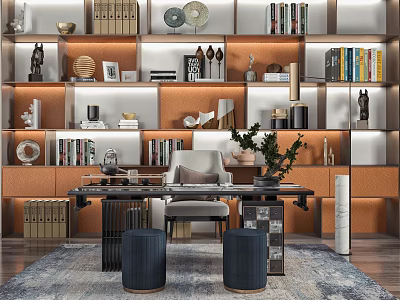 Modern Tea Table and Chairs in Stylish Room with Bookshelves Decorative Items and Blue Stools 3d model