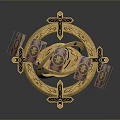 Mystical Fantasy Landscape Featuring Golden Circular Device With Pink Glowing Circle And Cross Decorations