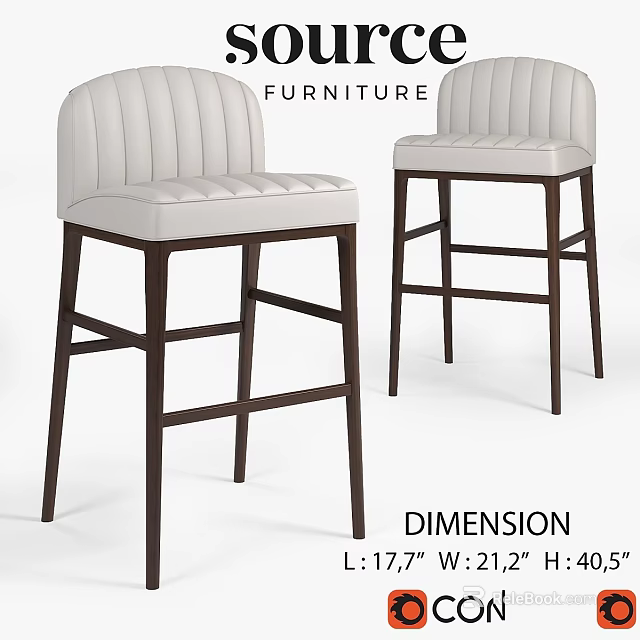 Modern Elegant Bar Stools With Tufted Backrest White Padded Seat And Dark Wooden Legs 3d model 