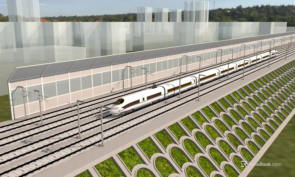 Modern Road Infrastructure Featuring High Speed Train Tracks Green Vegetation And Safety Fencing 3d model 