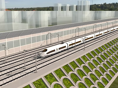 Modern Road Infrastructure Featuring High Speed Train Tracks Green Vegetation And Safety Fencing 3d model