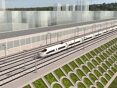 Modern Road Infrastructure Featuring High Speed Train Tracks Green Vegetation And Safety Fencing 3d model