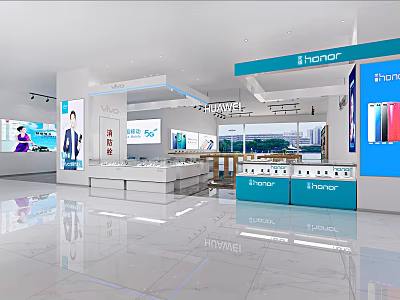 Honor Digital Store With Bright Interior And Various Smartphones Tablets On Display Counters 3d model