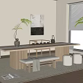 Minimalist Wooden Tea Table Set with Bench Stools and Tea Accessories by Window Green Plants