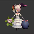 Pink Haired Girl In White Dress Holding Flower Bouquet And Blue Chubby Heart Pattern Creature