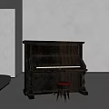 Dark Wooden Piano With Red Stool Modern Room Gray Walls Floor And Natural Light