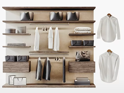 Clothes In Modern Wardrobe With Hanging Shirts Coats And Stacked Garments On Wooden Shelves 3d model
