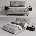 Modern Double Bed with Gray Comforter Blue Pillow and Bedside Tables with Lamp 3d model