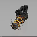 Futuristic Mechanical Weapon With Multi Barrel Design Red Yellow Stripes And Heavy Base