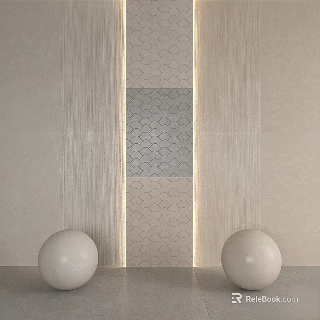 Decorative Beige Wall Components With Hexagonal Pattern Vertical Strips Lighting Strips And White Spherical Ornaments 3d model 