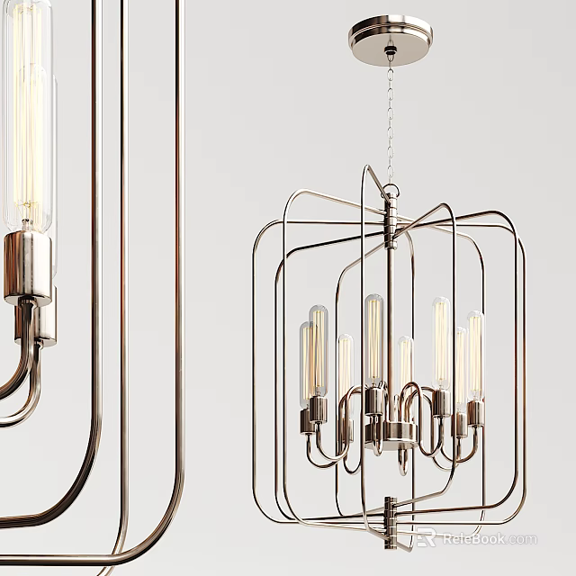 Elegant Modern Chandelier With Curved Metal Frame And Multiple Bulbs For Interior Lighting Design 3d model 