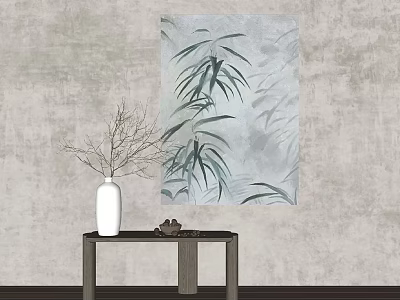 Bamboo Plant Wall Art on Gray Wall with Wooden Table and White Vase Decor 3d model