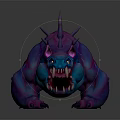 Fierce 3D Game Movie Character With Purple Blue Spikes Sharp Teeth And Yellow Eyes