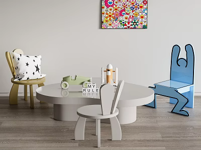 Colorful Kids Table and Chair Set With Round Table Star Pattern Cushion and Blue Chair 3d model