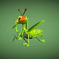 Green Mantis with Large Eyes Red Antennae Standing on Green Background