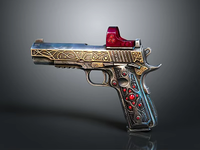 Ornate Silver And Gold Pistol With Intricate Carvings Red Sight And Red Gems On Grip 3d model