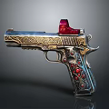 Ornate Silver And Gold Pistol With Intricate Carvings Red Sight And Red Gems On Grip