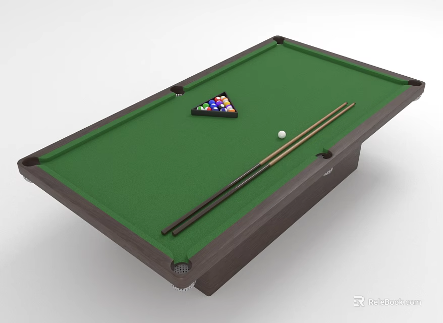 Green Felt Billiard Table With Triangle Rack Cues And Balls 3d model